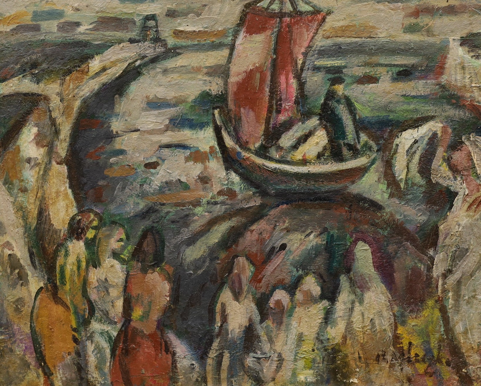 Piotr Mleczko (Polish, 1919-95), three oils, Figures on the shoreline, Woodland scene and Girl in a red hat, one signed, one inscribed verso, 32 x 40cm, 24 x 29cm and 24 x 20cm